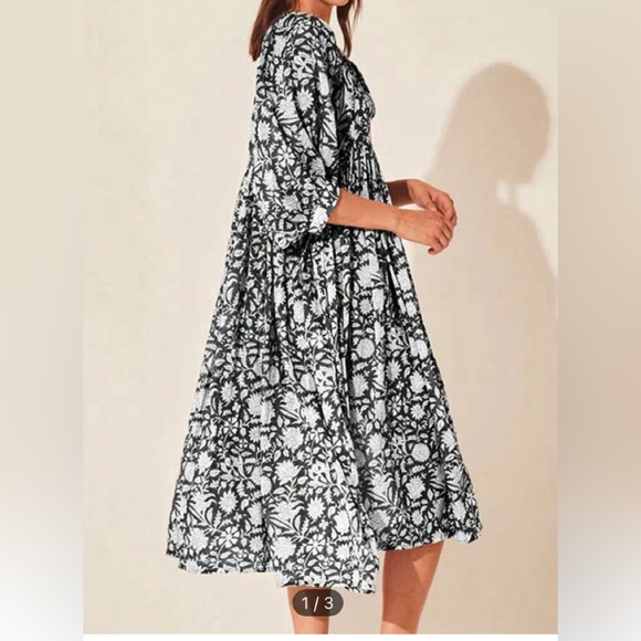 New Boho Aqua  & White Loose Viscose Floral Smock Dress small. The first picture - Picture 2 of 16